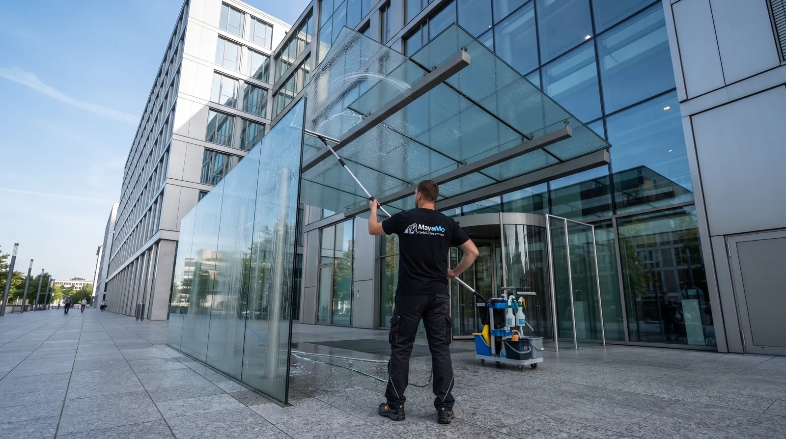MayaMo-Mitarbeiter reinigt die Glasfassade und das Vordach eines Bürogebäudes mit einer Teleskopstange