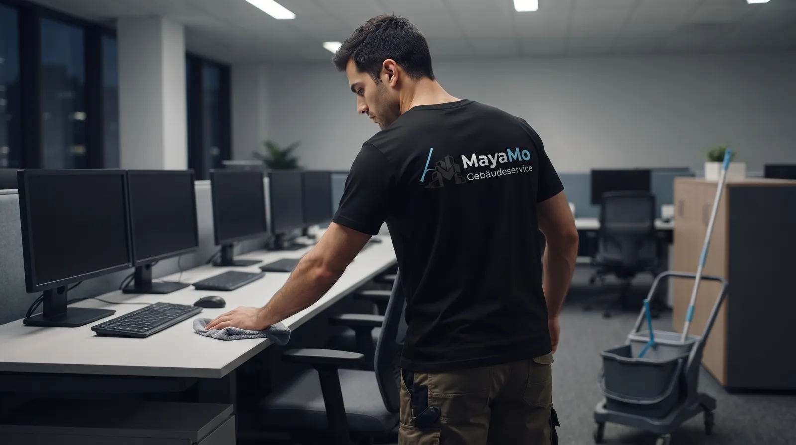 MayaMo-Mitarbeiter reinigt einen Arbeitsplatz in einem Großraumbüro