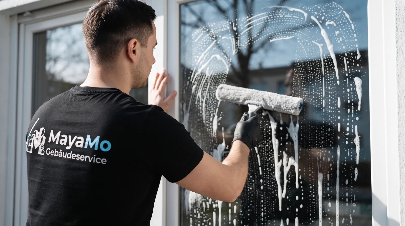 MayaMo-Mitarbeiter reinigt eine Fensterscheibe streifenfrei mit einem Abzieher