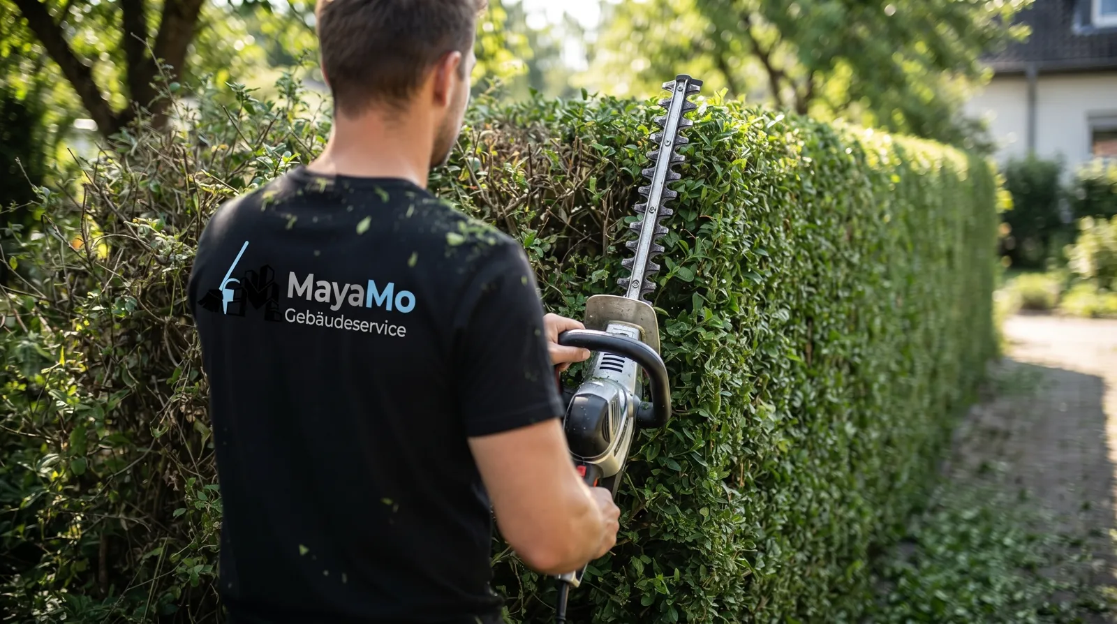MayaMo-Mitarbeiter schneidet eine Hecke mit einer elektrischen Heckenschere in Form