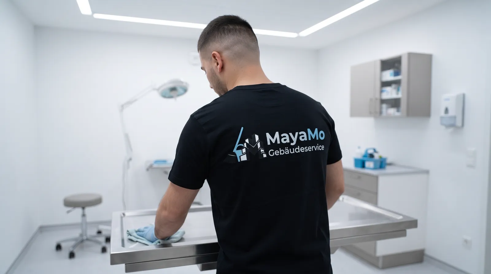 MayaMo-Mitarbeiter reinigt eine Behandlungsliege in einer Arztpraxis