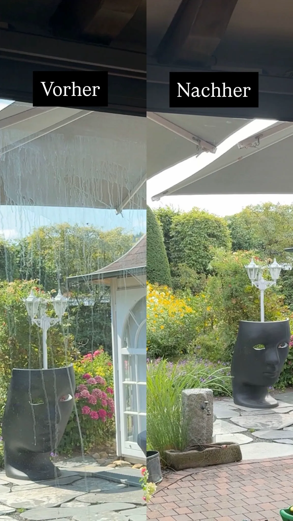 Vorher/Nachher-Vergleich einer gereinigten Glasfläche einer Terrassenüberdachung