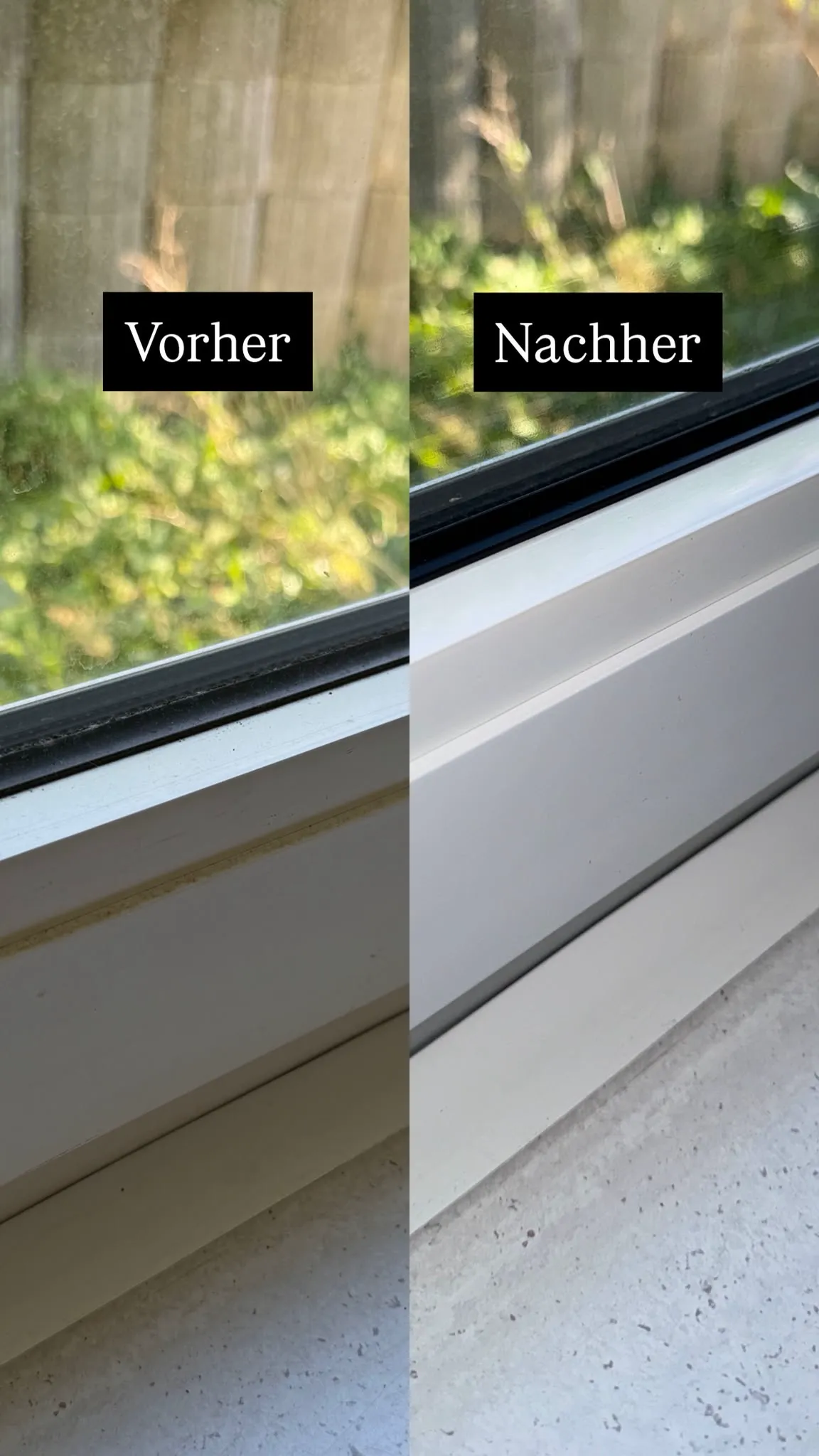 Vorher/Nachher-Vergleich eines gereinigten Fensterrahmens