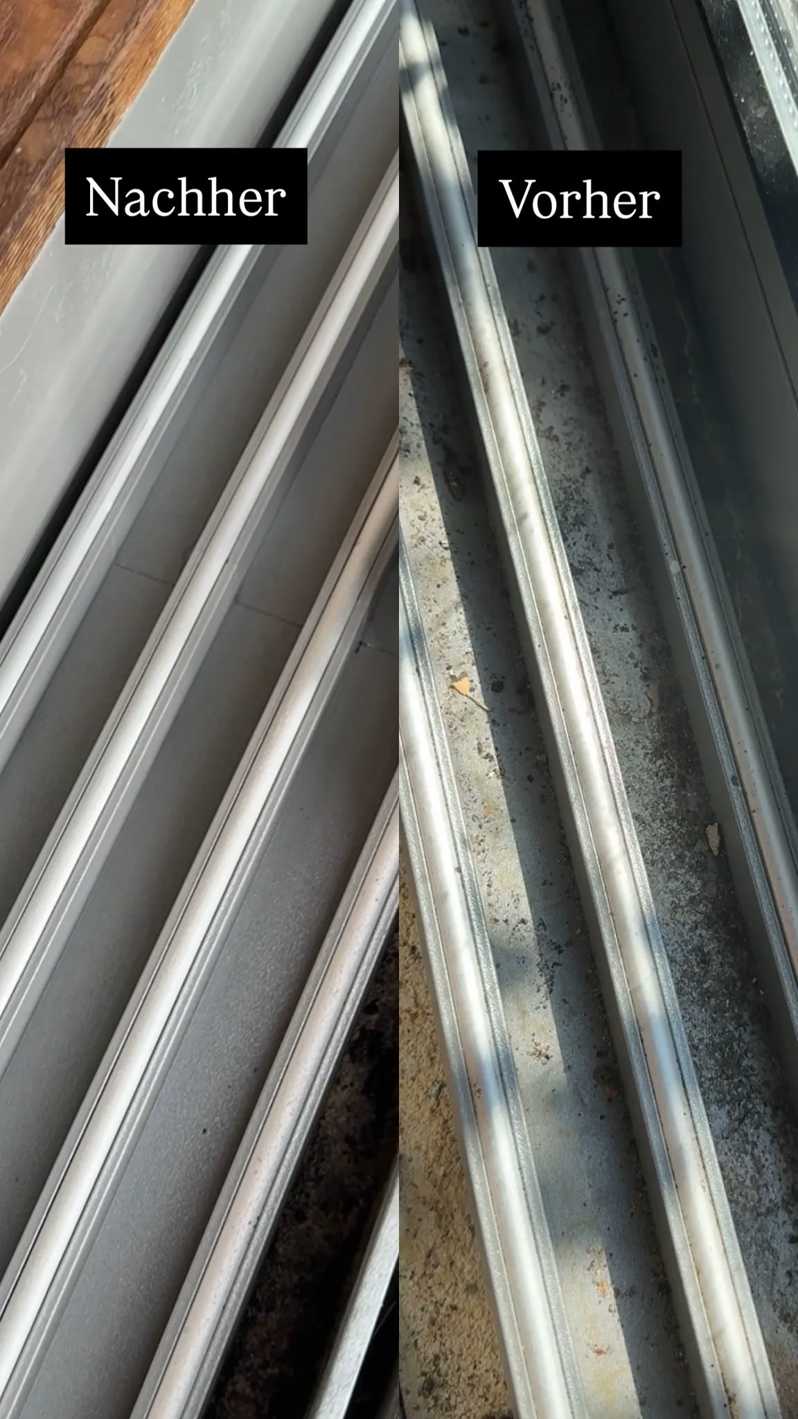 Vorher/Nachher-Vergleich gereinigter Fensterschienen