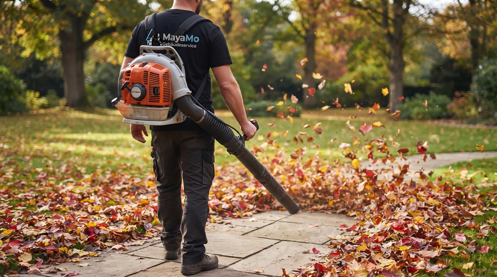 MayaMo-Mitarbeiter beseitigt Herbstlaub in einer Außenanlage mit einem Laubbläser