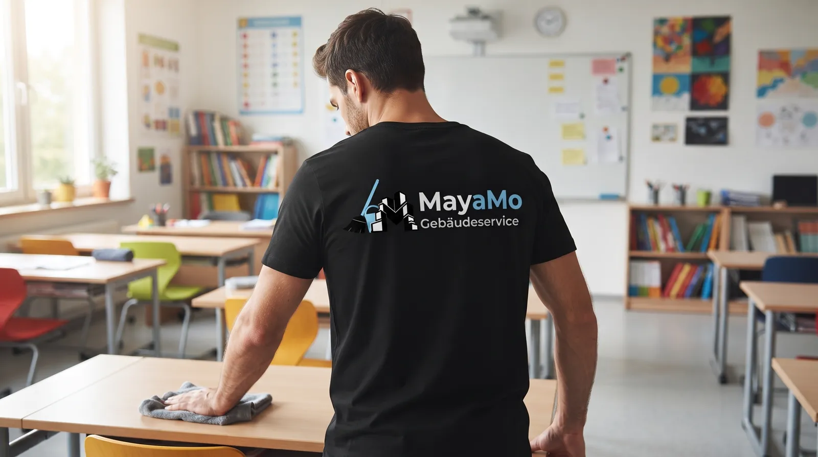 Mitarbeiter von MayaMo Gebäudeservice reinigt einen Tisch in einem Klassenzimmer
