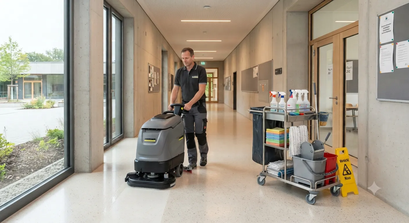 Bodenreinigung mit Scheuersaugmaschine in einem hellen Gebäudeflur