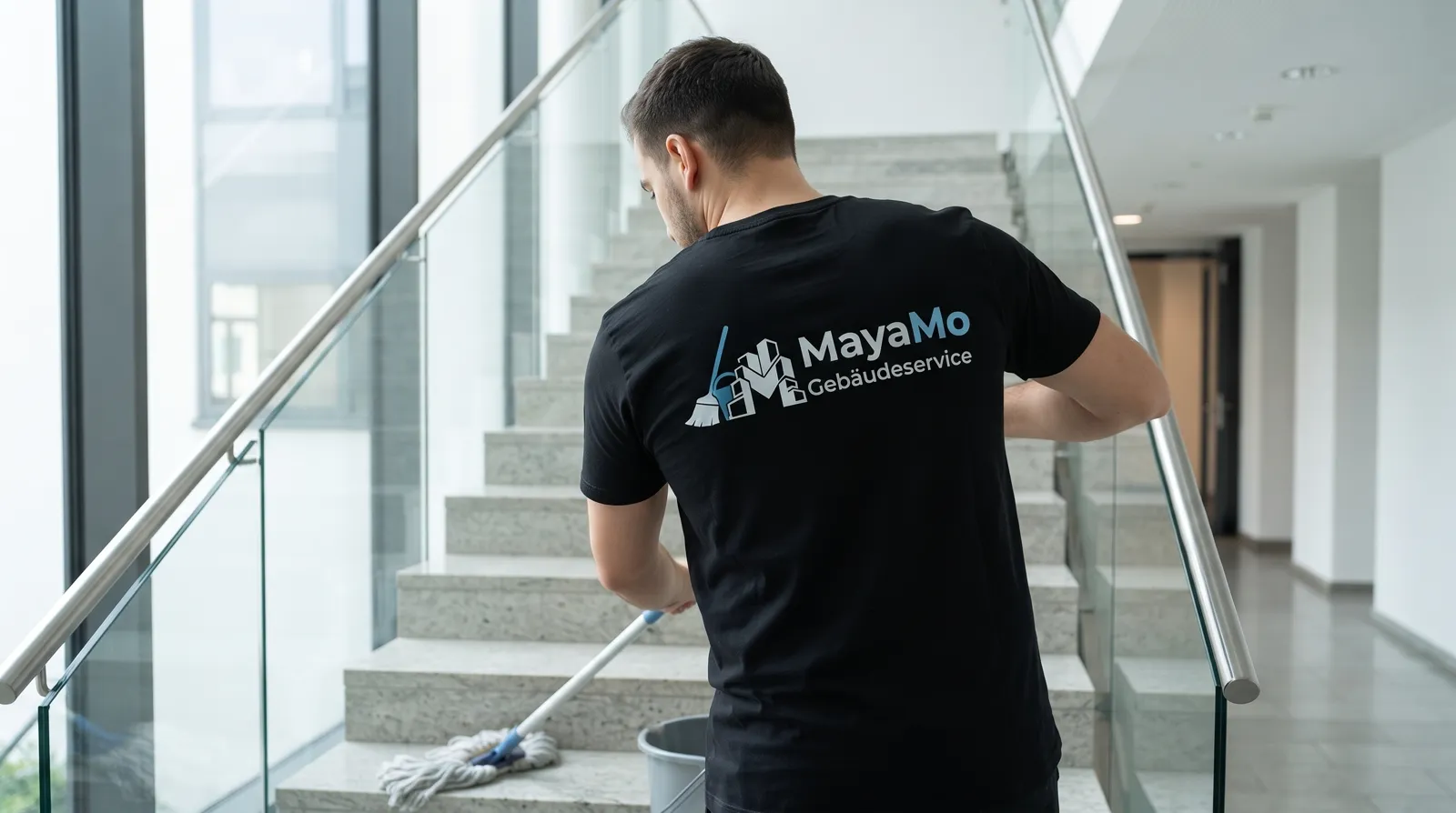 MayaMo-Mitarbeiter wischt eine Steintreppe mit Glasgeländer