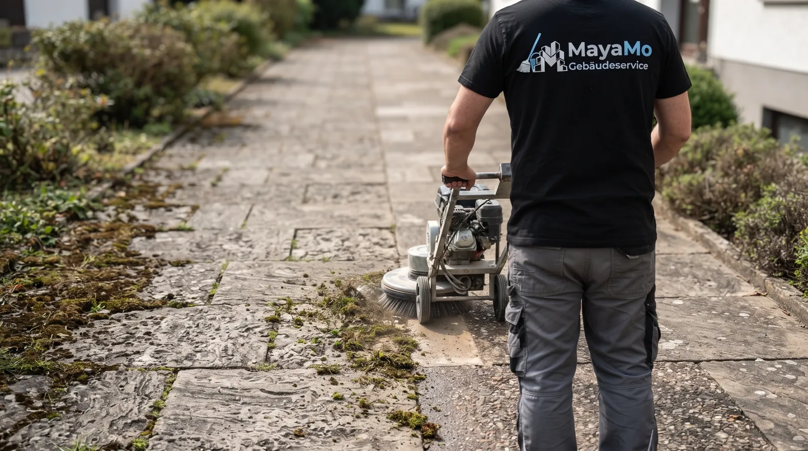 MayaMo-Mitarbeiter entfernt Moos und Wildkraut von einem gepflasterten Weg mit einer Wildkrautbürste